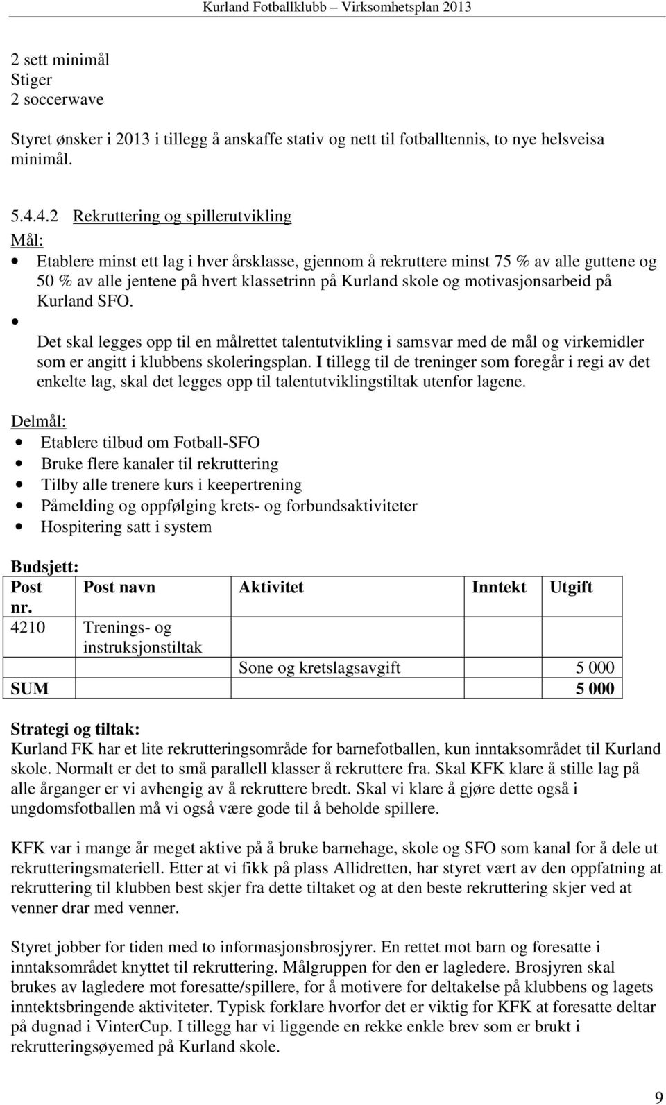 motivasjonsarbeid på Kurland SFO. Det skal legges opp til en målrettet talentutvikling i samsvar med de mål og virkemidler som er angitt i klubbens skoleringsplan.