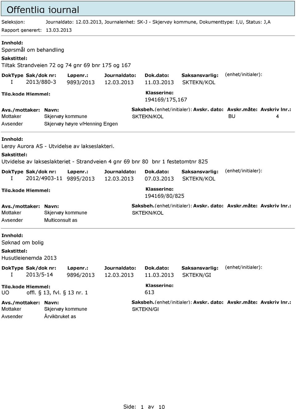 2013 SKTKN/KOL 194169/175,167 SKTKN/KOL BU 4 Avsender Skjervøy høyre v/henning ngen nnhold: Lerøy Aurora AS - Utvidelse av lakseslakteri.