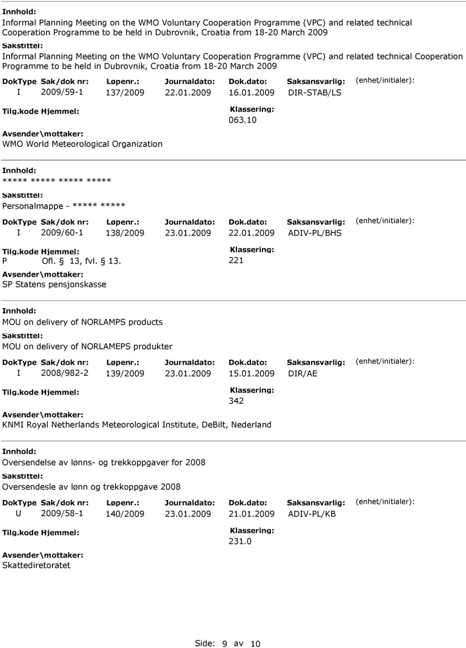 10 WMO World Meteorological Organization ***** ***** ***** ***** Personalmappe - ***** ***** 2009/60-1 138