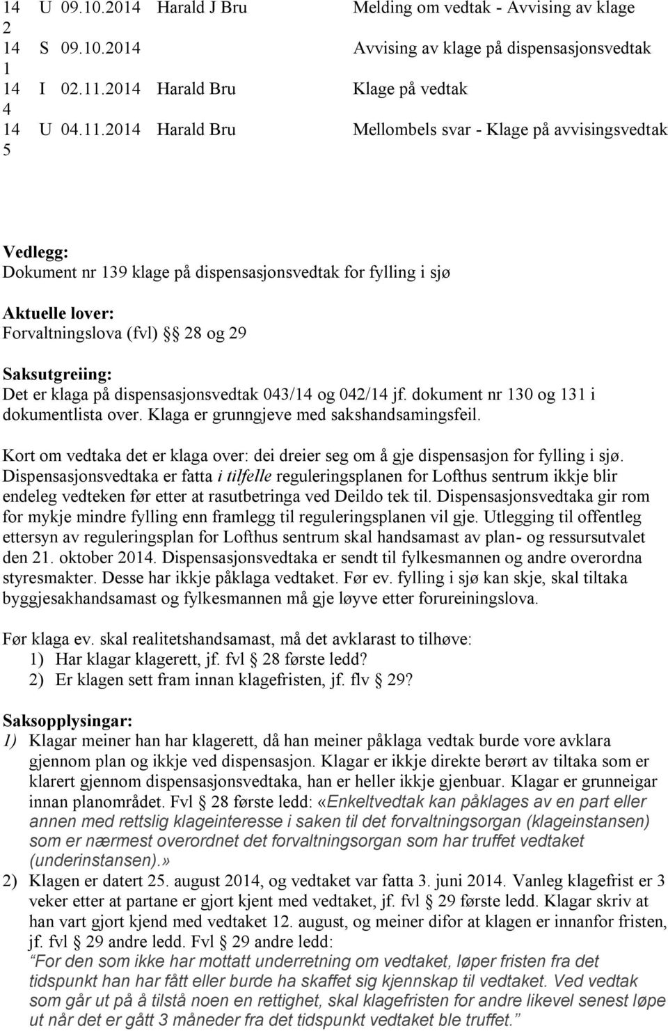 2014 Harald Bru Melding om vedtak - Avvising av klage Avvising av klage på dispensasjonsvedtak Klage på vedtak Mellombels svar - Klage på avvisingsvedtak Vedlegg: Dokument nr 139 klage på