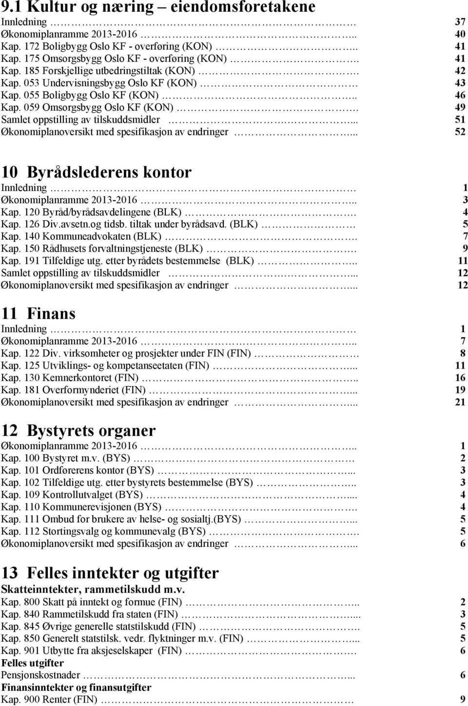 ... 51 Økonomiplanoversikt med spesifikasjon av endringer... 52 10 Byrådslederens kontor Innledning 1 Økonomiplanramme 2013-2016.. 3 Kap. 120 Byråd/byrådsavdelingene (BLK). 4 Kap. 126 Div.avsetn.