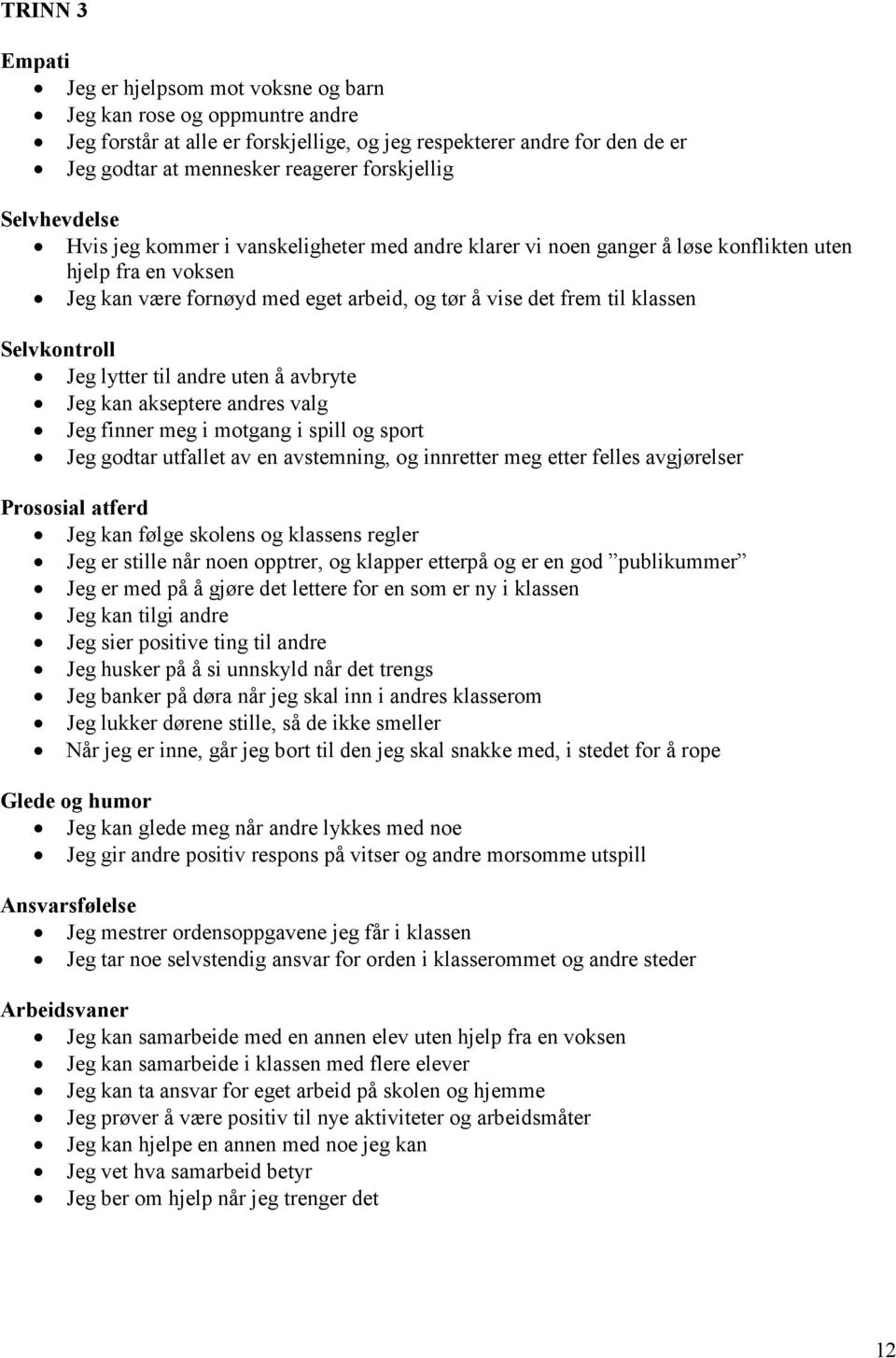 andre uten å avbryte Jeg kan akseptere andres valg Jeg finner meg i motgang i spill og sport Jeg godtar utfallet av en avstemning, og innretter meg etter felles avgjørelser Jeg kan følge skolens og