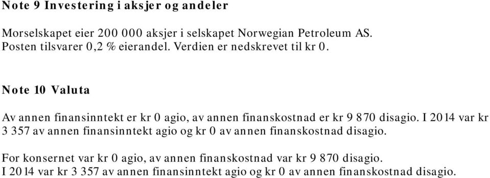 Note 10 Valuta Av annen finansinntekt er kr 0 agio, av annen finanskostnad er kr 9 870 disagio.