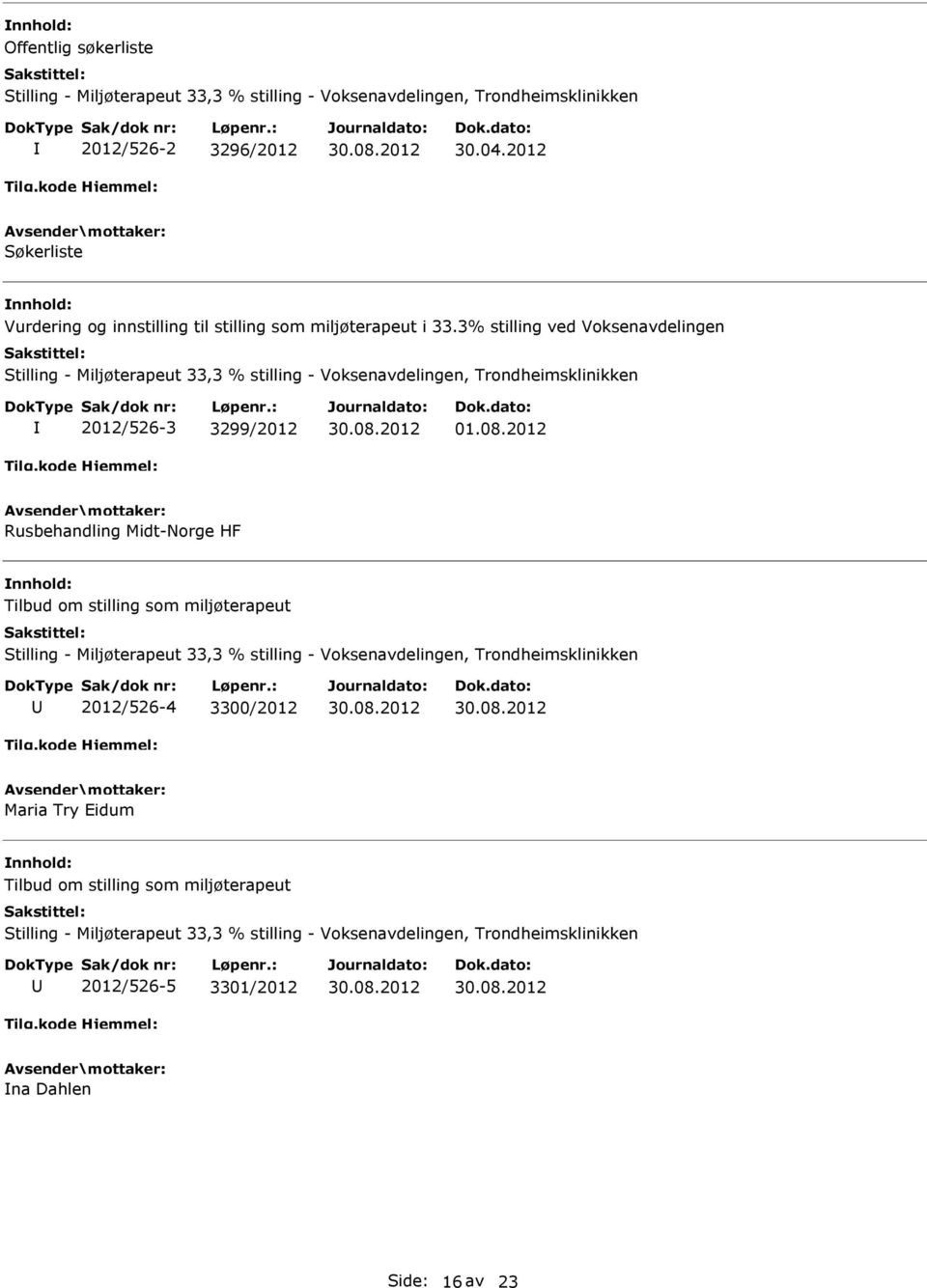 3% stilling ved Voksenavdelingen Stilling - Miljøterapeut 33,3 % stilling - Voksenavdelingen, Trondheimsklinikken 2012/526-3 3299/2012 01.08.