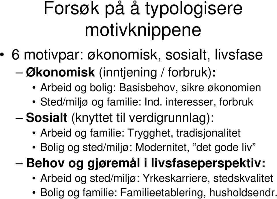 interesser, forbruk Sosialt (knyttet til verdigrunnlag): Arbeid og familie: Trygghet, tradisjonalitet Bolig og