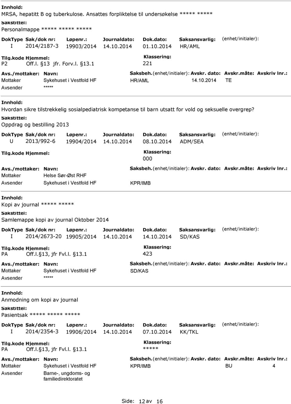 /mottaker: Navn: Saksbeh. Avskr. dato: Avskr.måte: Avskriv lnr.: Mottaker Helse Sør-Øst RHF KPR/MB Kopi av journal Samlemappe kopi av journal Oktober 2014 2014/2673-20 19905/2014 SD/KAS 423 Avs.