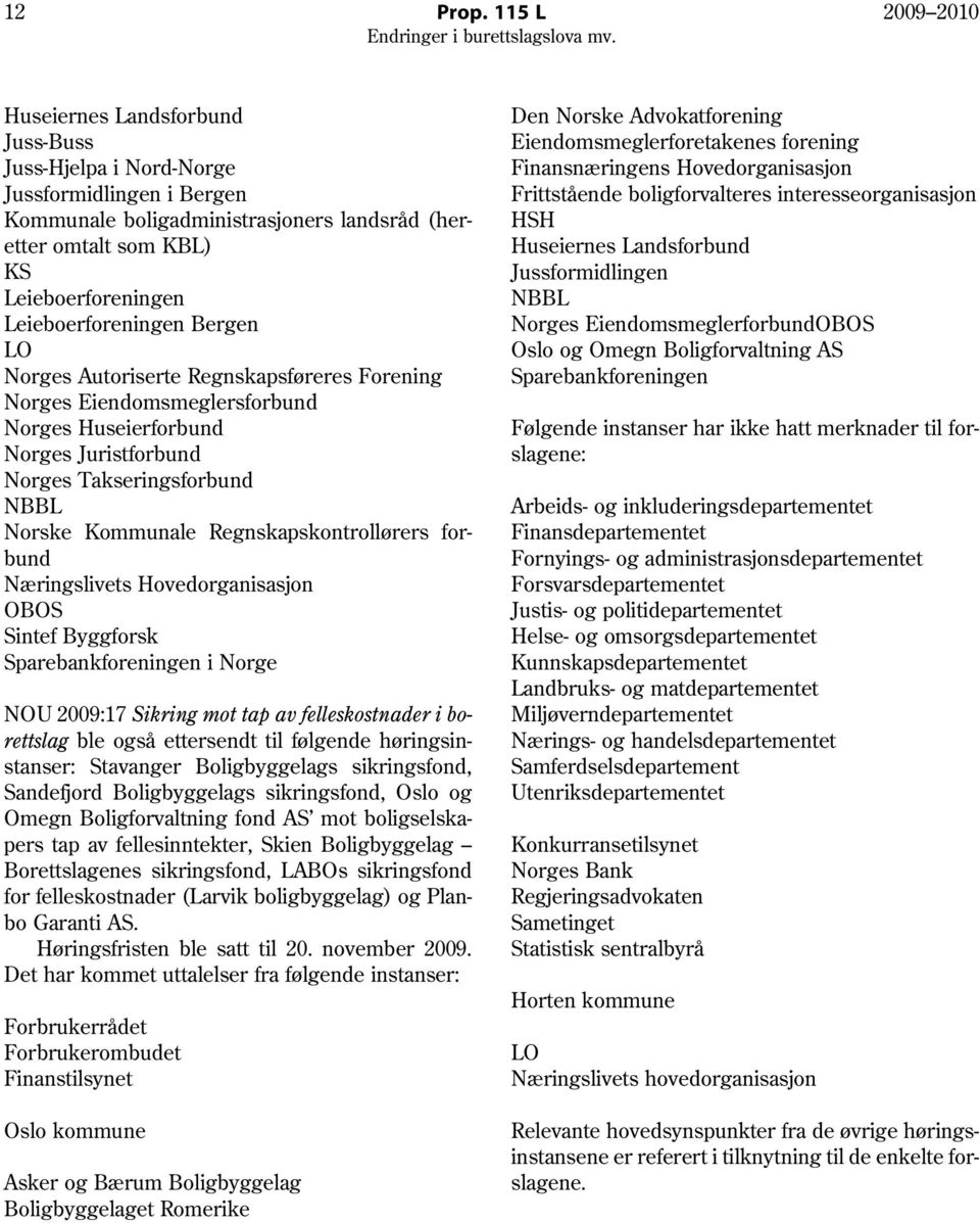 Leieboerforeningen Bergen LO Norges Autoriserte Regnskapsføreres Forening Norges Eiendomsmeglersforbund Norges Huseierforbund Norges Juristforbund Norges Takseringsforbund NBBL Norske Kommunale