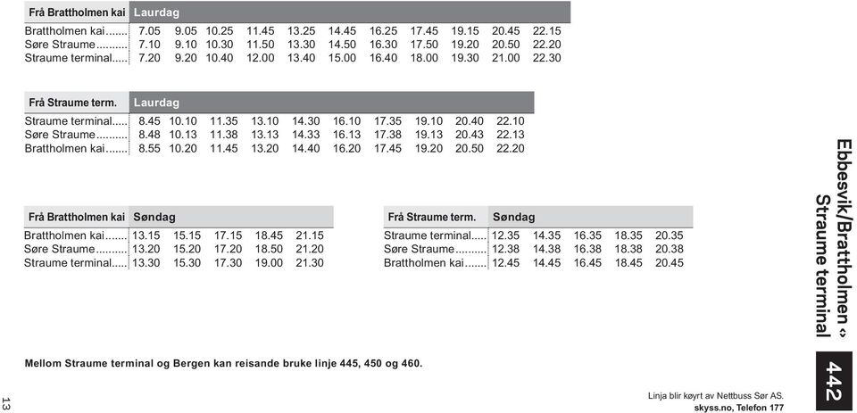 10 Søre Straume... 8.48 10.13 11.38 13.13 14.33 16.13 17.38 19.13 20.43 22.13 Brattholmen kai... 8.55 10.20 11.45 13.20 14.40 16.20 17.45 19.20 20.50 22.20 Frå Brattholmen kai Søndag Brattholmen kai.