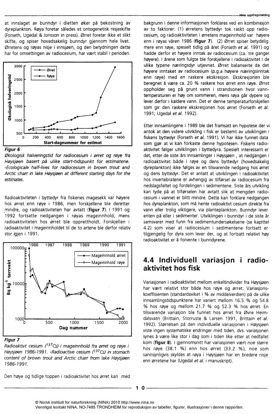 Ørretens og røyas nisje i innsjøen, og den betydningen dette har for omsettingen av radiocesium, har vært stabil i perioden. 300