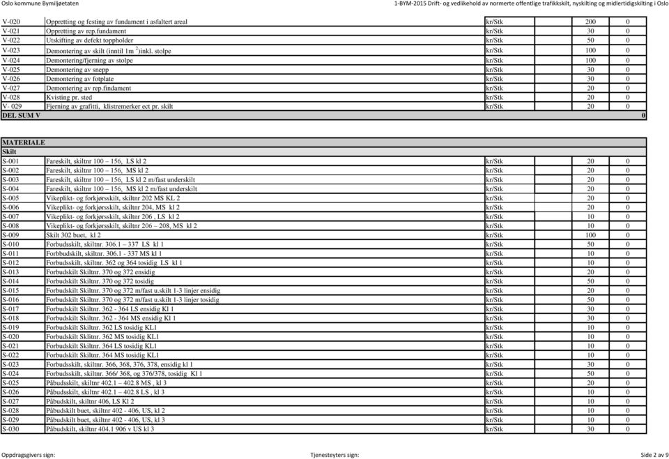 stolpe kr/stk 100 0 V-024 Demontering/fjerning av stolpe kr/stk 100 0 V-025 Demontering av snepp kr/stk 30 0 V-026 Demontering av fotplate kr/stk 30 0 V-027 Demontering av rep.