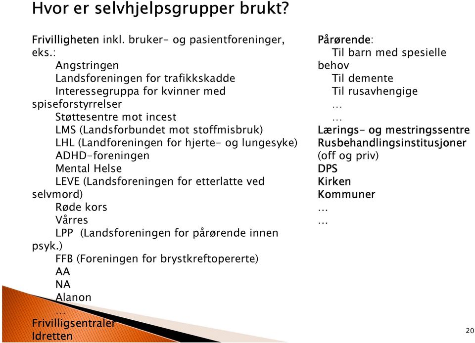 (Landforeningen for hjerte- og lungesyke) ADHD-foreningen Mental Helse LEVE (Landsforeningen for etterlatte ved selvmord) Røde kors Vårres LPP (Landsforeningen for