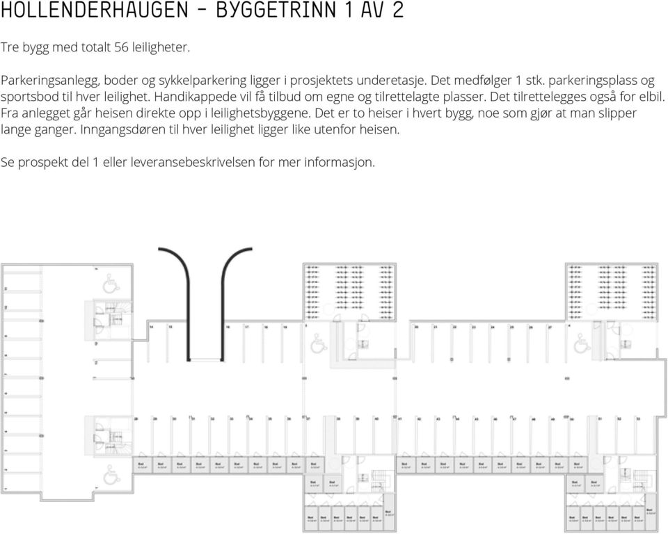 parkeringsplass og sportsbod til hver leilighet. Handikappede vil få tilbud om egne og tilrettelagte plasser.