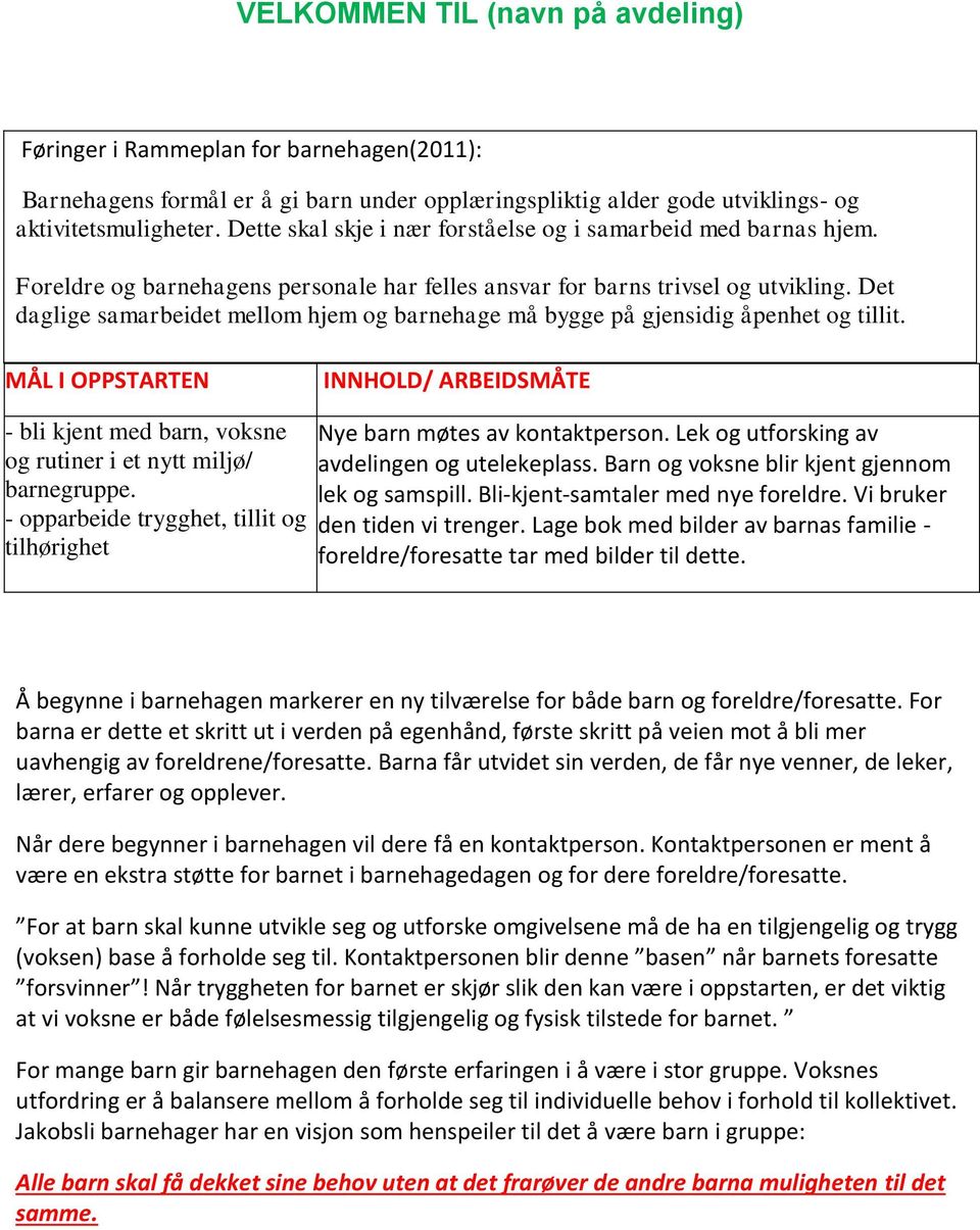 Det daglige samarbeidet mellom hjem og barnehage må bygge på gjensidig åpenhet og tillit. MÅL I OPPSTARTEN INNHOLD/ ARBEIDSMÅTE - bli kjent med barn, voksne og rutiner i et nytt miljø/ barnegruppe.