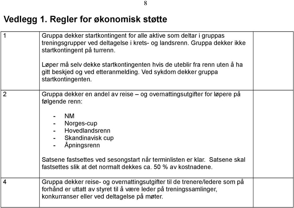 2 Gruppa dekker en andel av reise og overnattingsutgifter for løpere på følgende renn: - NM - Norges-cup - Hovedlandsrenn - Skandinavisk cup - Åpningsrenn Satsene fastsettes ved sesongstart når