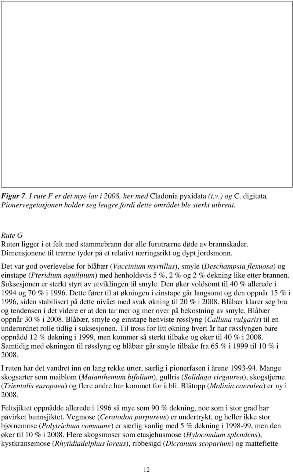 Det var god overlevelse for blåbær (Vaccinium myrtillus), smyle (Deschampsia flexuosa) og einstape (Pteridium aquilinum) med henholdsvis 5 %, 2 % og 2 % dekning like etter brannen.