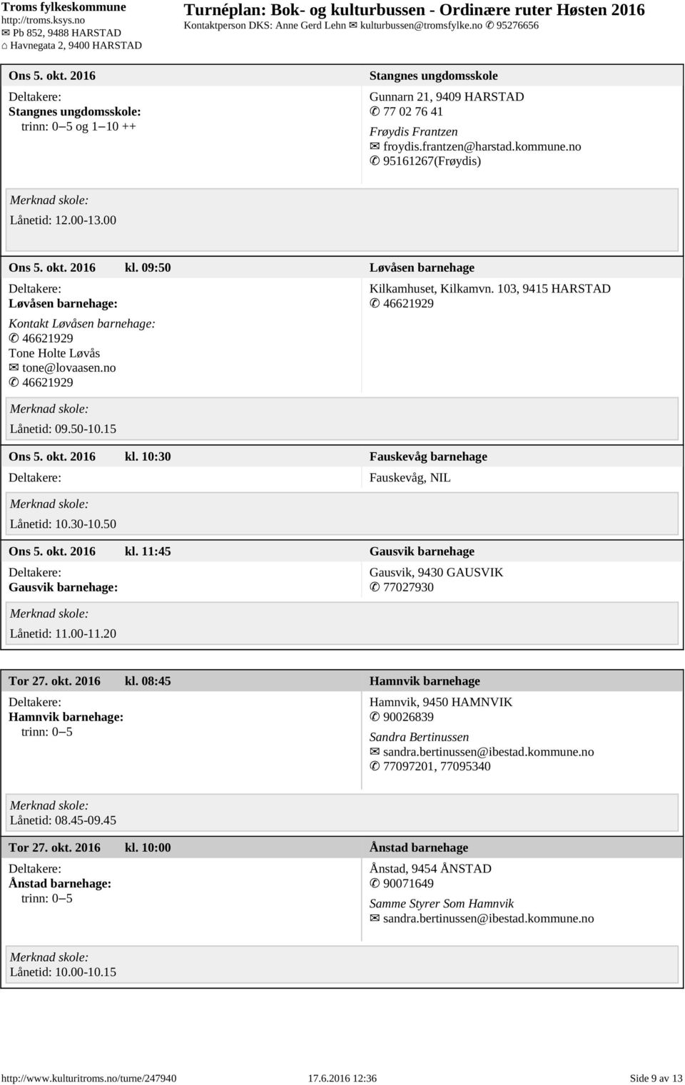 30-10.50 Kilkamhuset, Kilkamvn. 103, 9415 HARSTAD Fauskevåg, NIL Ons 5. okt. 2016 kl. 11:45 Gausvik barnehage Gausvik barnehage: Lånetid: 11.00-11.20 Gausvik, 9430 GAUSVIK 77027930 Tor 27. okt. 2016 kl. 08:45 Hamnvik barnehage Hamnvik barnehage: trinn: 0 5 Hamnvik, 9450 HAMNVIK 90026839 Sandra Bertinussen sandra.