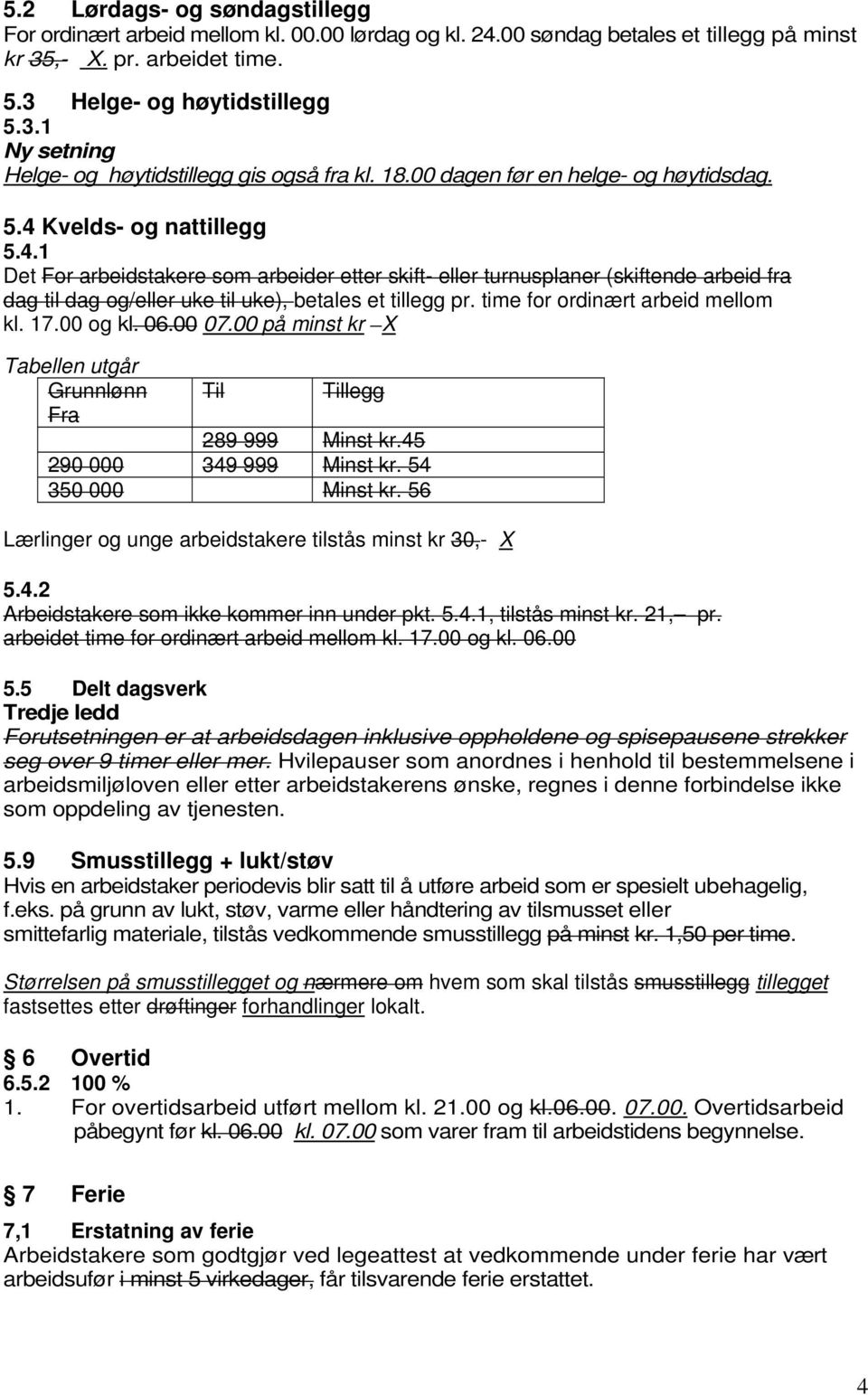 time for ordinært arbeid mellom kl. 17.00 og kl. 06.00 07.00 på minst kr X Tabellen utgår Grunnlønn Til Tillegg Fra 289 999 Minst kr.45 290 000 349 999 Minst kr. 54 350 000 Minst kr.