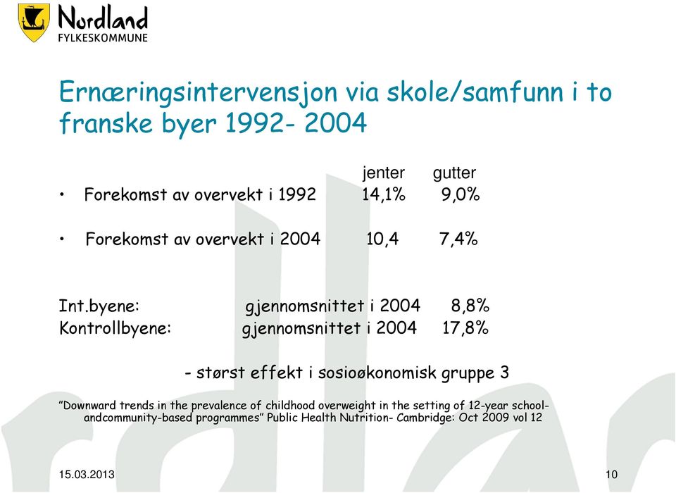 byene: gjennomsnittet i 2004 8,8% Kontrollbyene: gjennomsnittet i 2004 17,8% - størst effekt i sosioøkonomisk gruppe