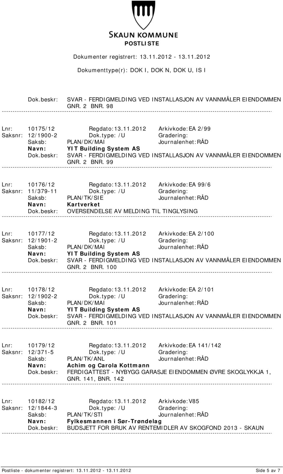 type: /U Gradering: GNR. 2 BNR. 100 Lnr: 10178/12 Regdato:13.11.2012 Arkivkode:EA 2/101 Saksnr: 12/1902-2 Dok.type: /U Gradering: GNR. 2 BNR. 101 Lnr: 10179/12 Regdato:13.11.2012 Arkivkode:EA 141/142 Saksnr: 12/371-5 Dok.