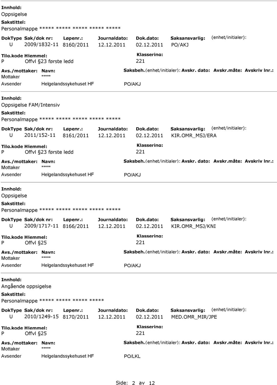 måte: Avskriv lnr.: O/AKJ Oppsigelse ersonalmappe ***** ***** ***** ***** ***** 2009/1717-11 8166/2011 02.12.2011 KR.OMR_MSJ/KN Offvl 25 Avs./mottaker: Navn: Saksbeh. Avskr. dato: Avskr.