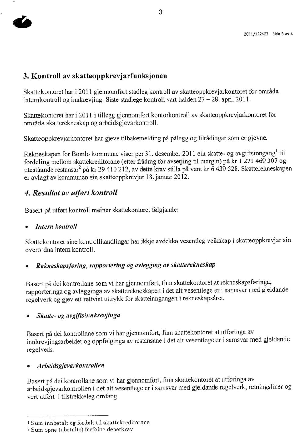 Skatteoppkrevjarkontoret har gjeve tilbakemelding på pålegg og tilrådingar som er gjevne. Rekneskapen for Bømlo kommune viser per 31.