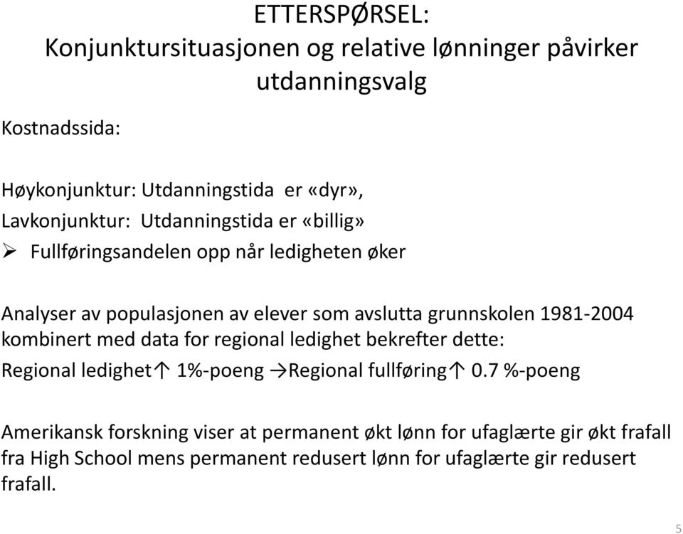 grunnskolen 1981-2004 kombinert med data for regional ledighet bekrefter dette: Regional ledighet 1%-poeng Regional fullføring 0.