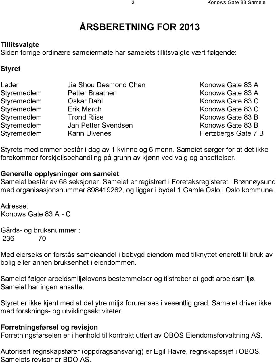 Konows Gate 83 B Styremedlem Karin Ulvenes Hertzbergs Gate 7 B Styrets medlemmer består i dag av 1 kvinne og 6 menn.