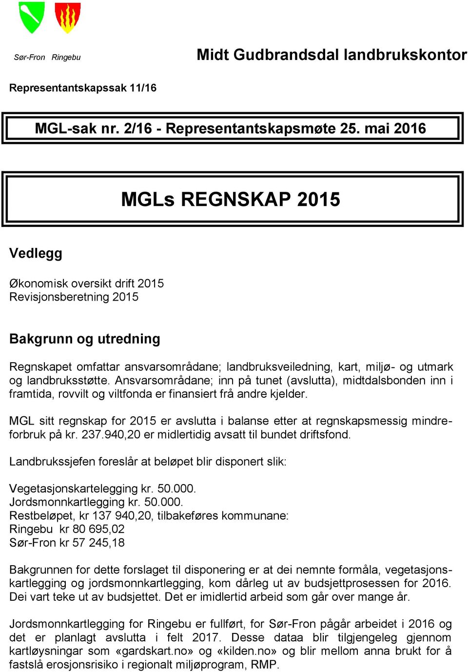 landbruksstøtte. Ansvarsområdane; inn på tunet (avslutta), midtdalsbonden inn i framtida, rovvilt og viltfonda er finansiert frå andre kjelder.