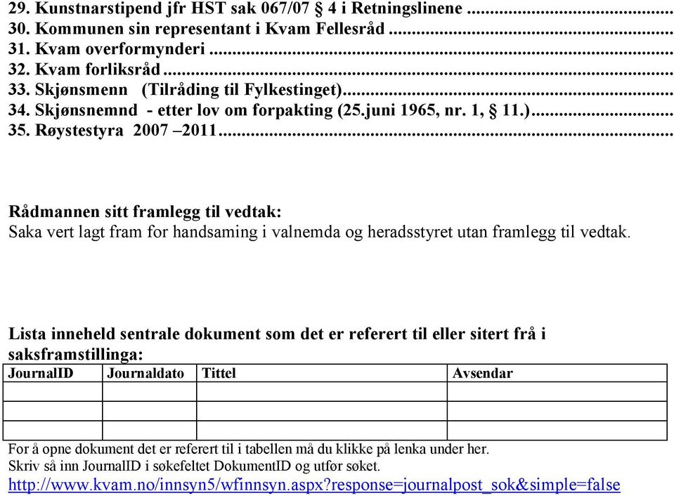 .. Rådmannen sitt framlegg til vedtak: Saka vert lagt fram for handsaming i valnemda og heradsstyret utan framlegg til vedtak.