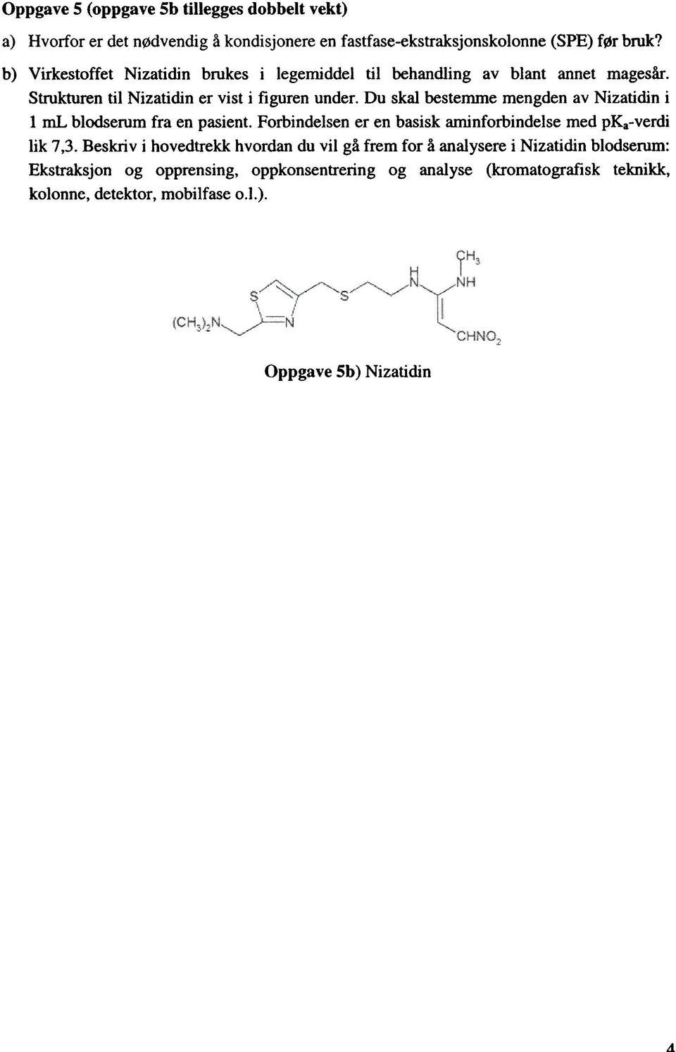 Du skal bestemme mengden av Nizatidin i 1 ml blodserum fra en pasient. Forbindelsen er en basisk aminforbindelse med pka-verdi lik 7,3.