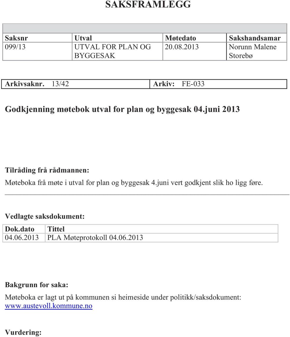 juni 2013 Tilråding frå rådmannen: Møteboka frå møte i utval for plan og byggesak 4.juni vert godkjent slik ho ligg føre.