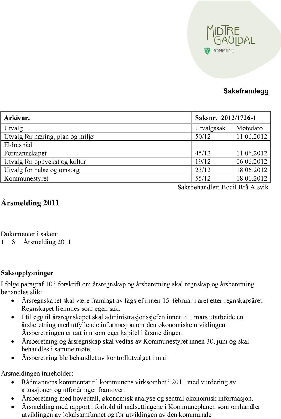 paragraf 10 i forskrift om årsregnskap og årsberetning skal regnskap og årsberetning behandles slik: Årsregnskapet skal være framlagt av fagsjef innen 15. februar i året etter regnskapsåret.