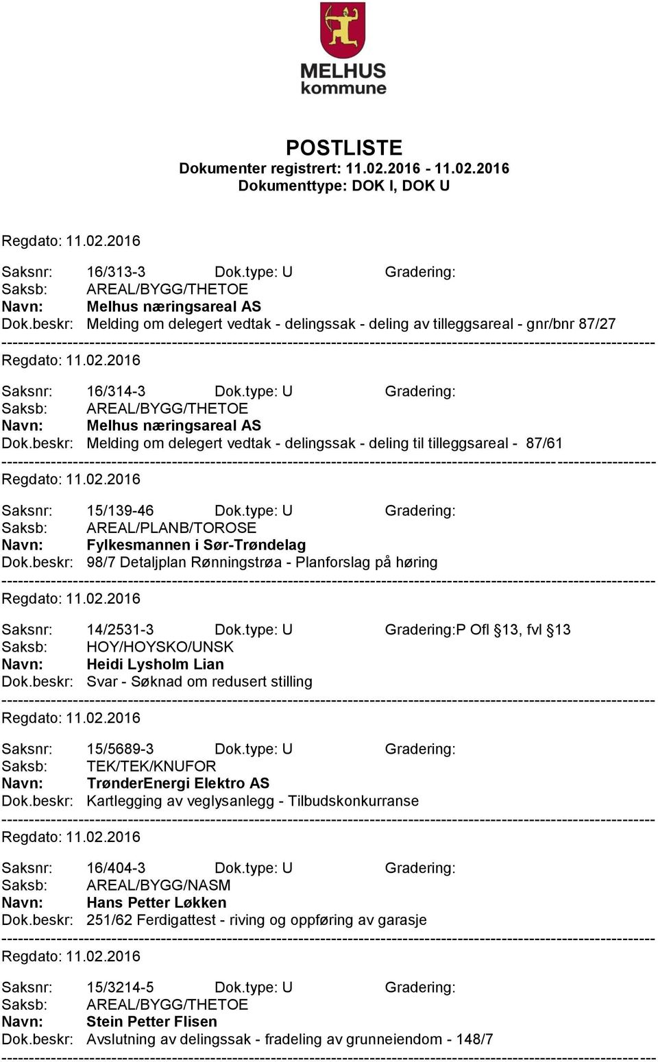 beskr: Melding om delegert vedtak - delingssak - deling til tilleggsareal - 87/61 Saksnr: 15/139-46 Dok.type: U Gradering: Saksb: AREAL/PLANB/TOROSE Navn: Fylkesmannen i Sør-Trøndelag Dok.