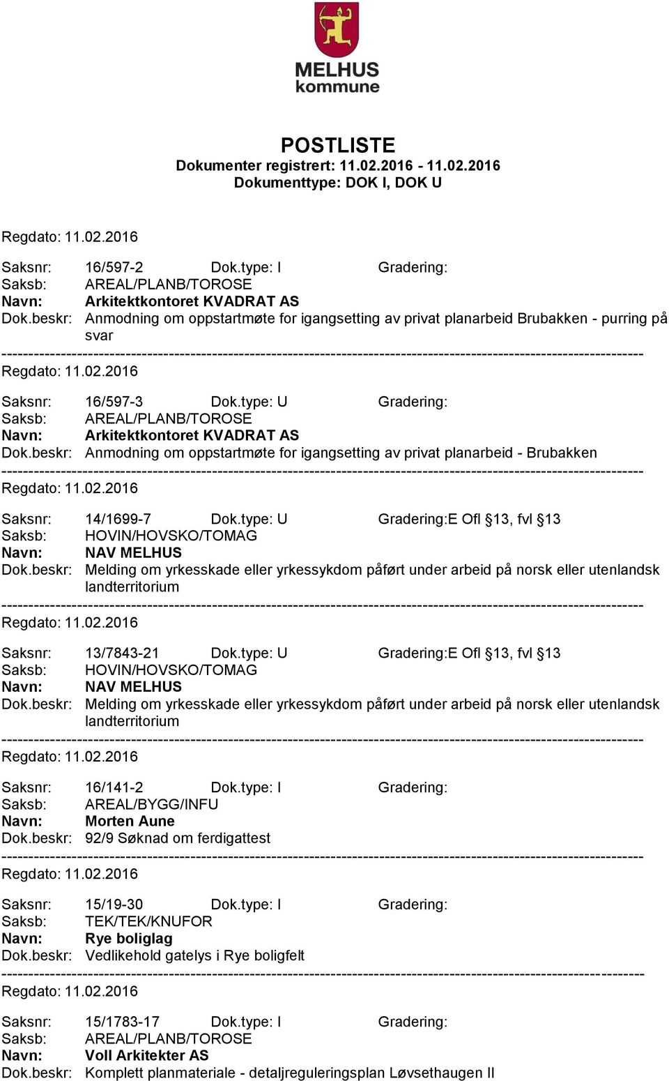 type: U Gradering: Saksb: AREAL/PLANB/TOROSE Navn: Arkitektkontoret KVADRAT AS Dok.beskr: Anmodning om oppstartmøte for igangsetting av privat planarbeid - Brubakken Saksnr: 14/1699-7 Dok.