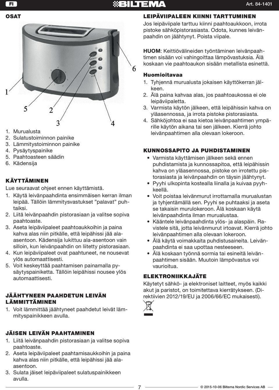 Lämmitystoiminnon painike 4. Pysäytyspainike 5. Paahtoasteen säädin 6. Kädensija Käyttäminen Lue seuraavat ohjeet ennen käyttämistä. 1. Käytä leivänpaahdinta ensimmäisen kerran ilman leipää.