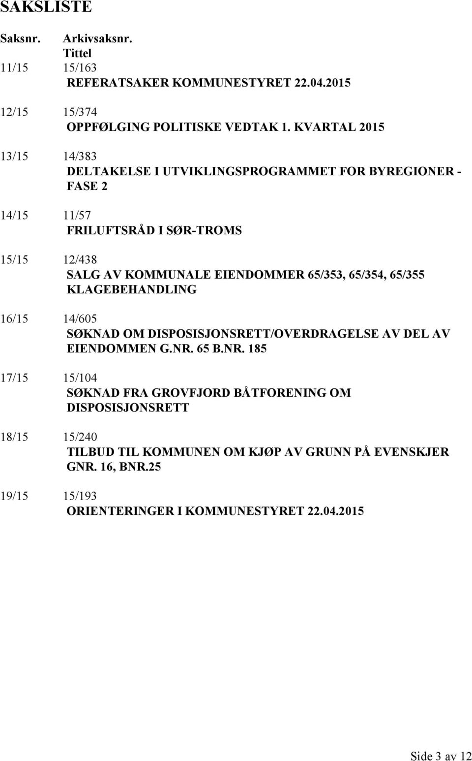 EIENDOMMER 65/353, 65/354, 65/355 KLAGEBEHANDLING 16/15 14/605 SØKNAD OM DISPOSISJONSRETT/OVERDRAGELSE AV DEL AV EIENDOMMEN G.NR.