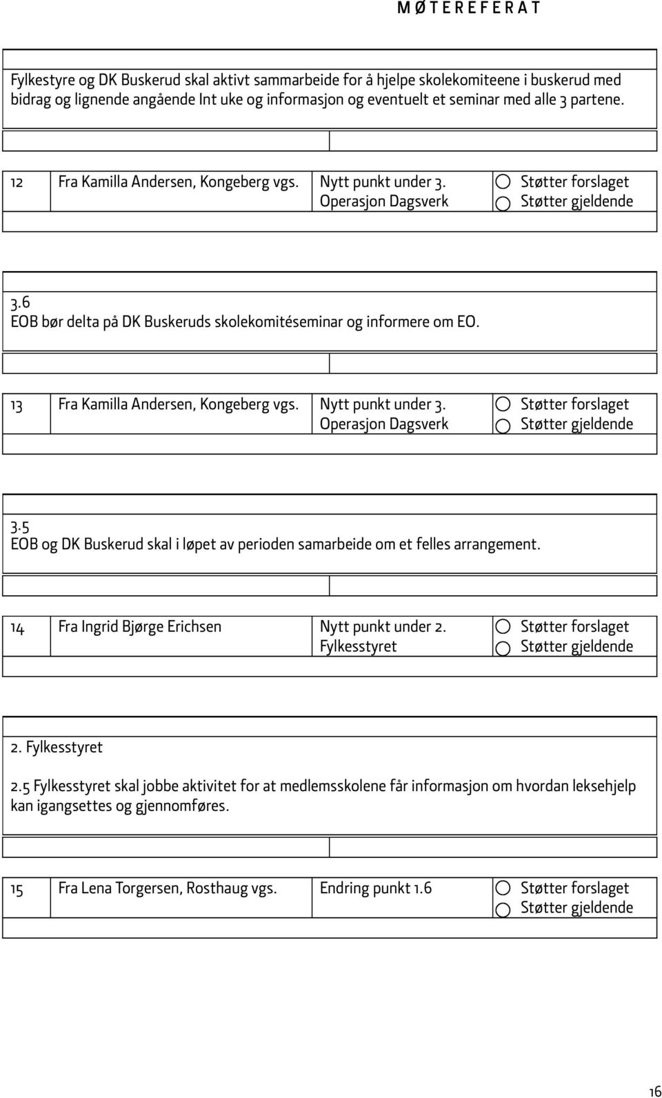 Nytt punkt under 3. Operasjon Dagsverk 3.5 EOB og DK Buskerud skal i løpet av perioden samarbeide om et felles arrangement. 14 Fra Ingrid Bjørge Erichsen Nytt punkt under 2. Fylkesstyret 2.