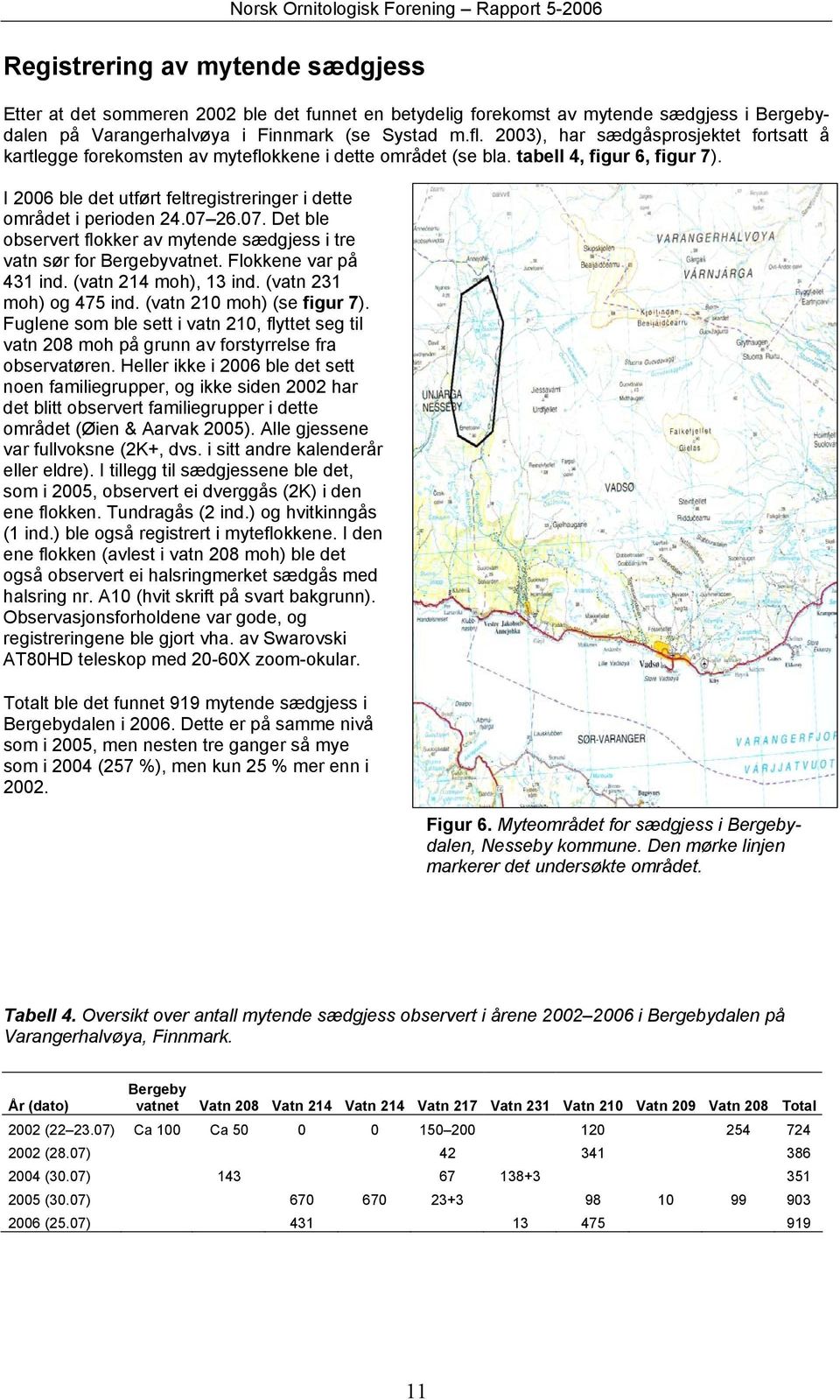 I 2006 ble det utført feltregistreringer i dette området i perioden 24.07 26.07. Det ble observert flokker av mytende sædgjess i tre vatn sør for Bergebyvatnet. Flokkene var på 431 ind.