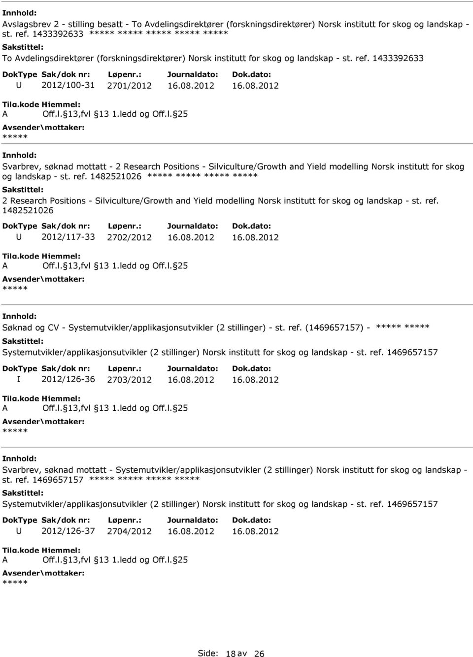 1433392633 2012/100-31 2701/2012 Svarbrev, søknad mottatt - 2 Research Positions - Silviculture/Growth and Yield modelling Norsk institutt for skog og landskap - st. ref.