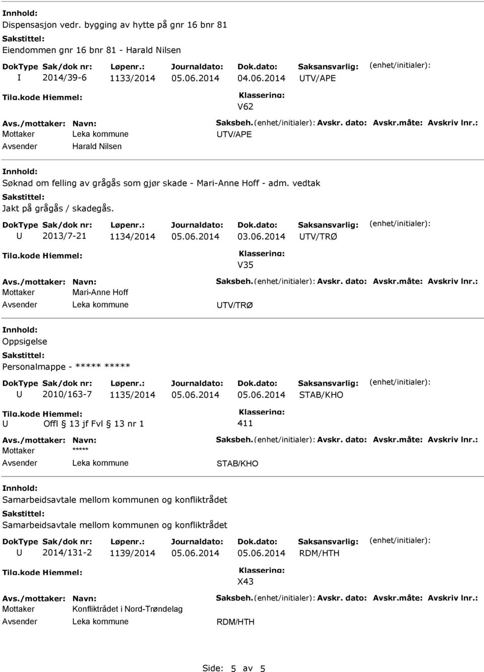 2013/7-21 1134/2014 TV/TRØ V35 Avs./mottaker: Navn: Saksbeh. Avskr. dato: Avskr.måte: Avskriv lnr.: Mottaker Mari-Anne Hoff TV/TRØ 2010/163-7 1135/2014 Avs.