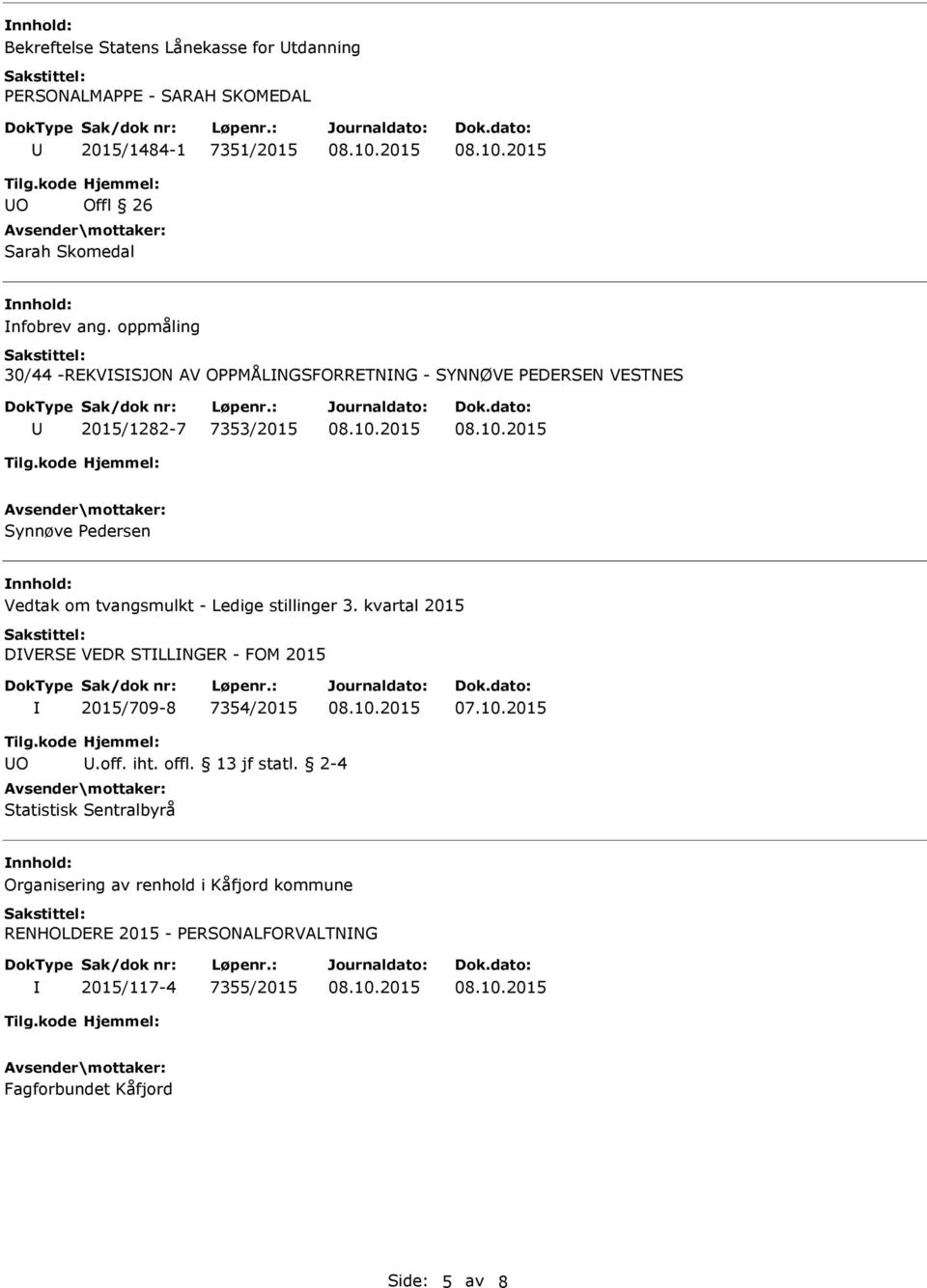 - Ledige stillinger 3. kvartal 2015 DVERSE VEDR STLLNGER - FOM 2015 2015/709-8 7354/2015.off. iht. offl. 13 jf statl.