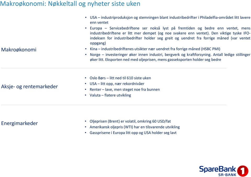 Den viktige tyske IFOindeksen for industribedrifter holder seg greit og uendret fra forrige måned (var ventet oppgang) Kina industribedriftenes utsikter nær uendret fra forrige måned(hsbc PMI) Norge