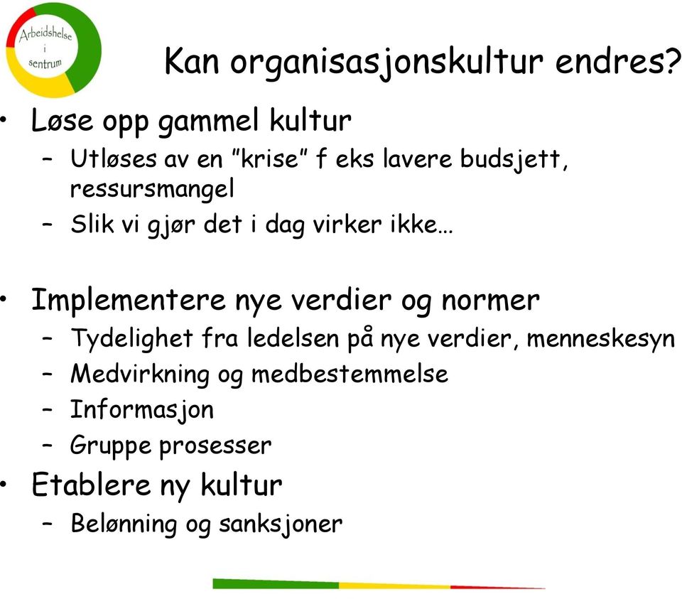 Slik vi gjør det i dag virker ikke Implementere nye verdier og normer Tydelighet