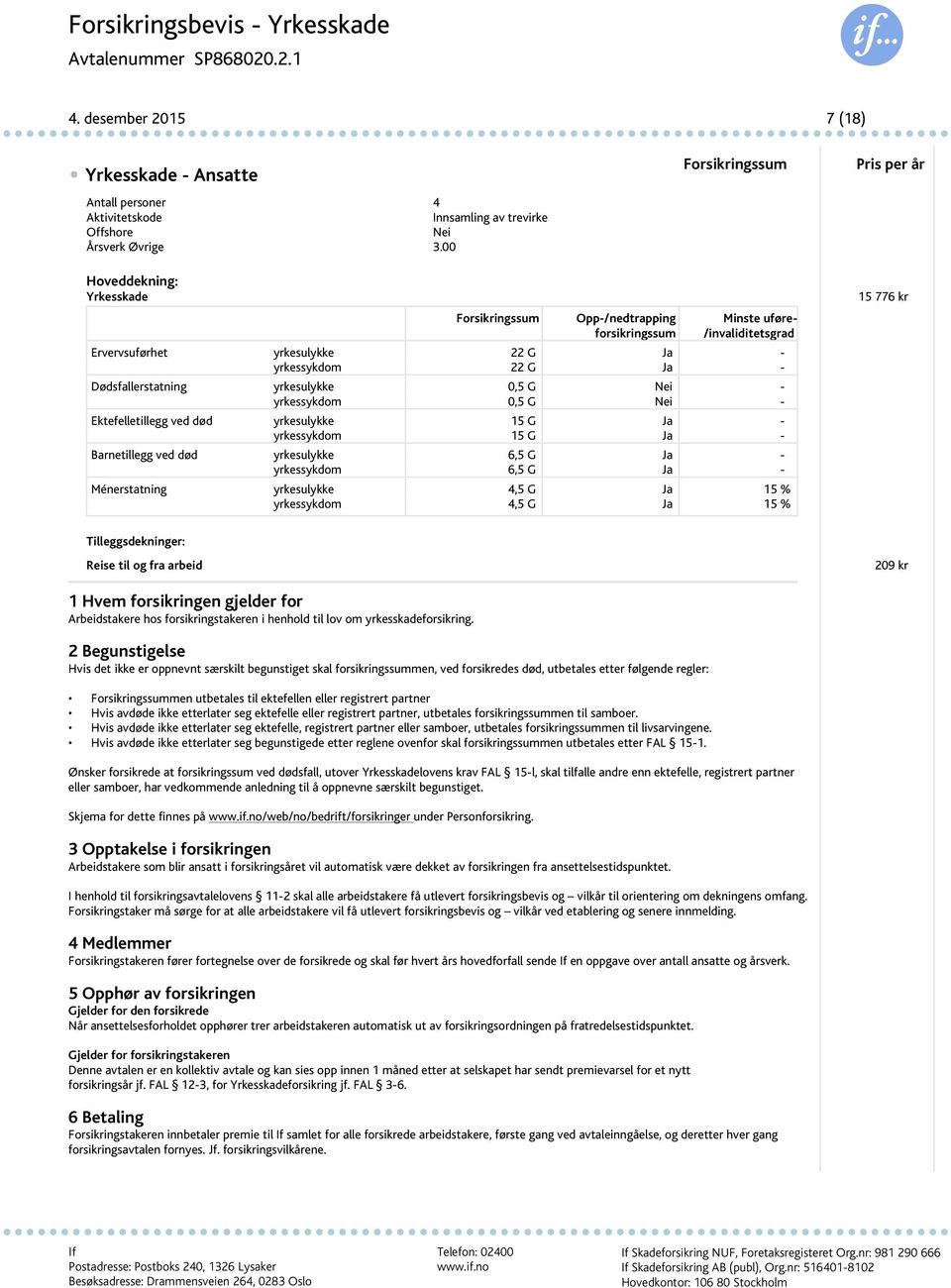 Nei - yrkessykdom 0,5 G Nei - Ektefelletillegg ved død yrkesulykke 15 G Ja - yrkessykdom 15 G Ja - Barnetillegg ved død yrkesulykke 6,5 G Ja - yrkessykdom 6,5 G Ja - Ménerstatning yrkesulykke 4,5 G