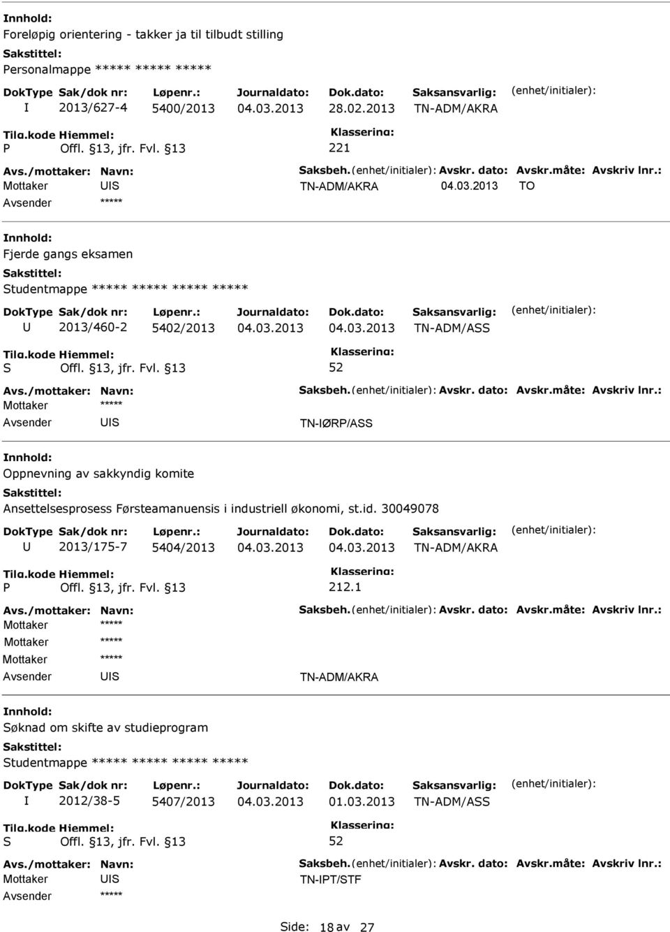 Ansettelsesprosess Førsteamanuensis i industriell økonomi, st.id. 30049078 2013/175-7 5404/2013 TN-ADM/AKRA 212.