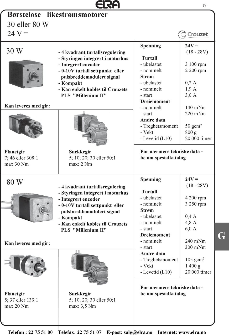 1,9 A - start 3,0 A Dreiemoment - nominelt 140 mnm - start 220 mnm Andre data - Treghetsmoment 50 gcm 2 - Vekt 800 g - Levetid (L10) 20 000 timer Planetgir 7; 46 eller 308:1 max 30 Nm Snekkegir 5;