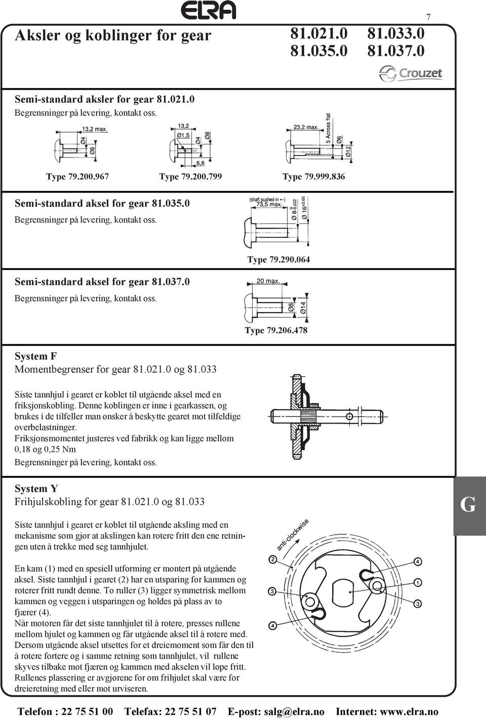 064 System F Momentbegrenser for gear 81.021.0 og 81.033 Siste tannhjul i gearet er koblet til utgående aksel med en friksjonskobling.