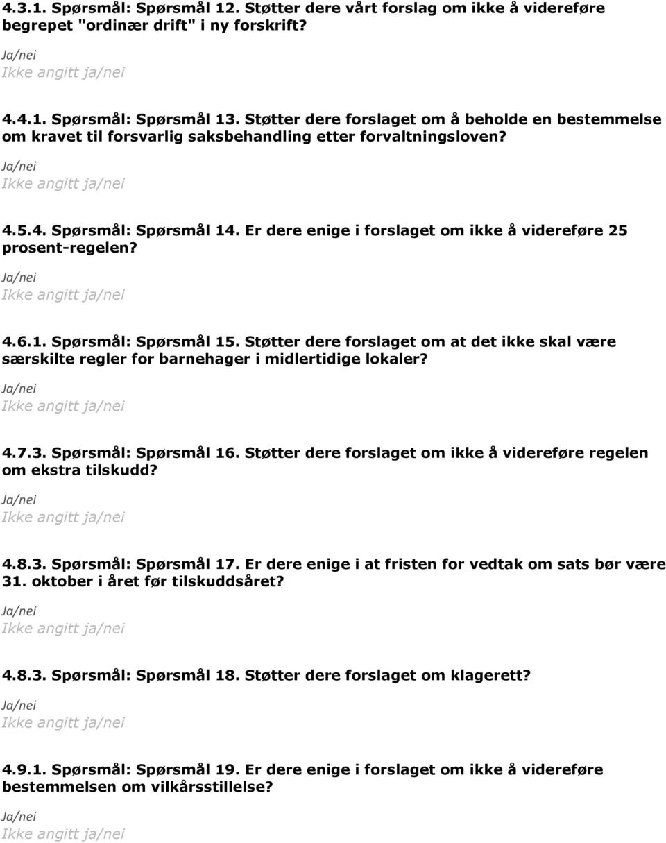 Er dere enige i forslaget om ikke å videreføre 25 prosent-regelen? 4.6.1. Spørsmål: Spørsmål 15. Støtter dere forslaget om at det ikke skal være særskilte regler for barnehager i midlertidige lokaler?