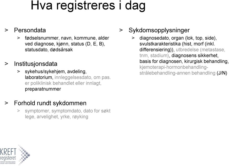 er poliklinisk behandlet eller innlagt, preparatnummer > Sykdomsopplysninger > diagnosedato, organ (lok, top, side), svulstkarakteristika (hist, morf (inkl.