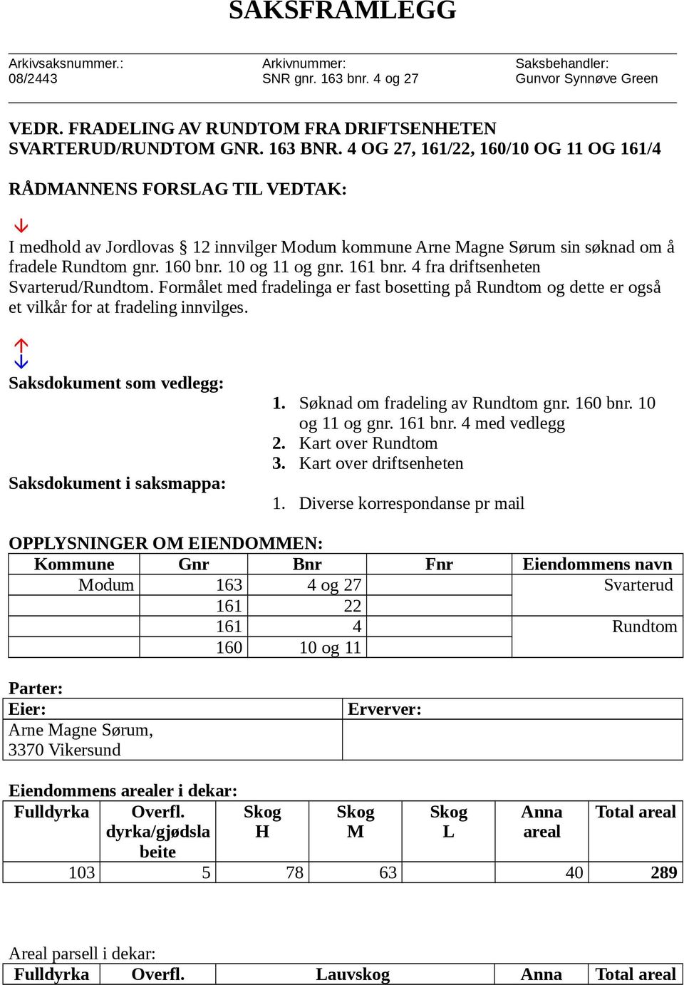 161 bnr. 4 fra driftsenheten Svarterud/Rundtom. Formålet med fradelinga er fast bosetting på Rundtom og dette er også et vilkår for at fradeling innvilges. Saksdokument som vedlegg: 1.